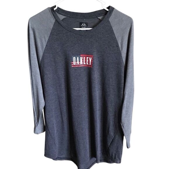 Oakley size men’s XL gray 3/4 sleeve t-shirt flag Americana logo new with tags - Picture 1 of 7